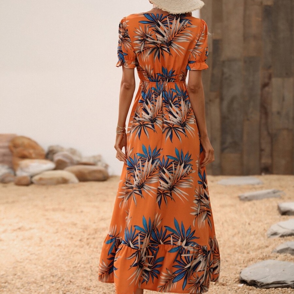 Boho Orange Tropical Print Puff Sleeve Maxi Dress - Picture 4 of 5